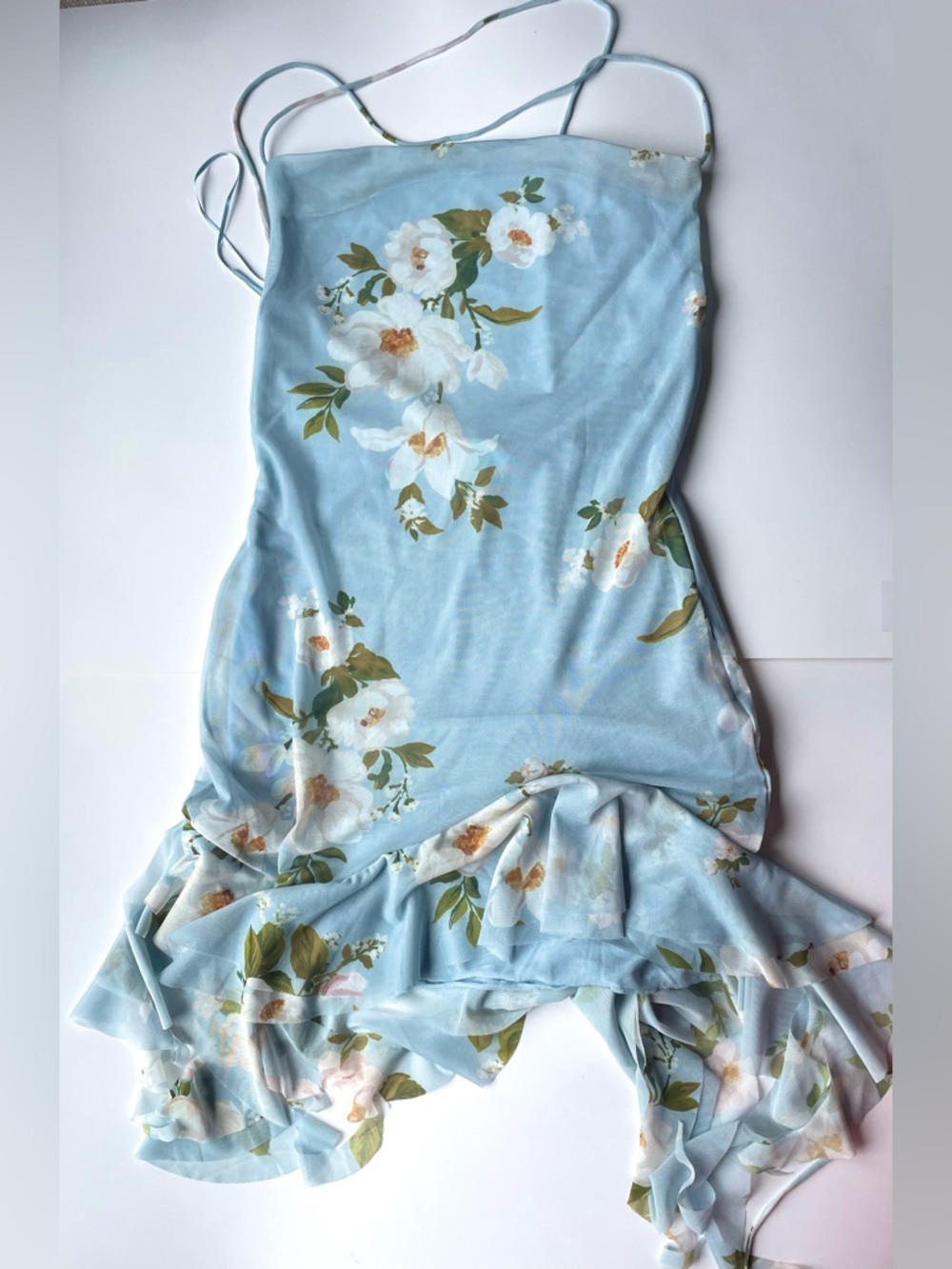 Zara Floral Satin Slip Dress Asymmetric Ruffle Hem Blue Green Medium NWT - Picture 8 of 8